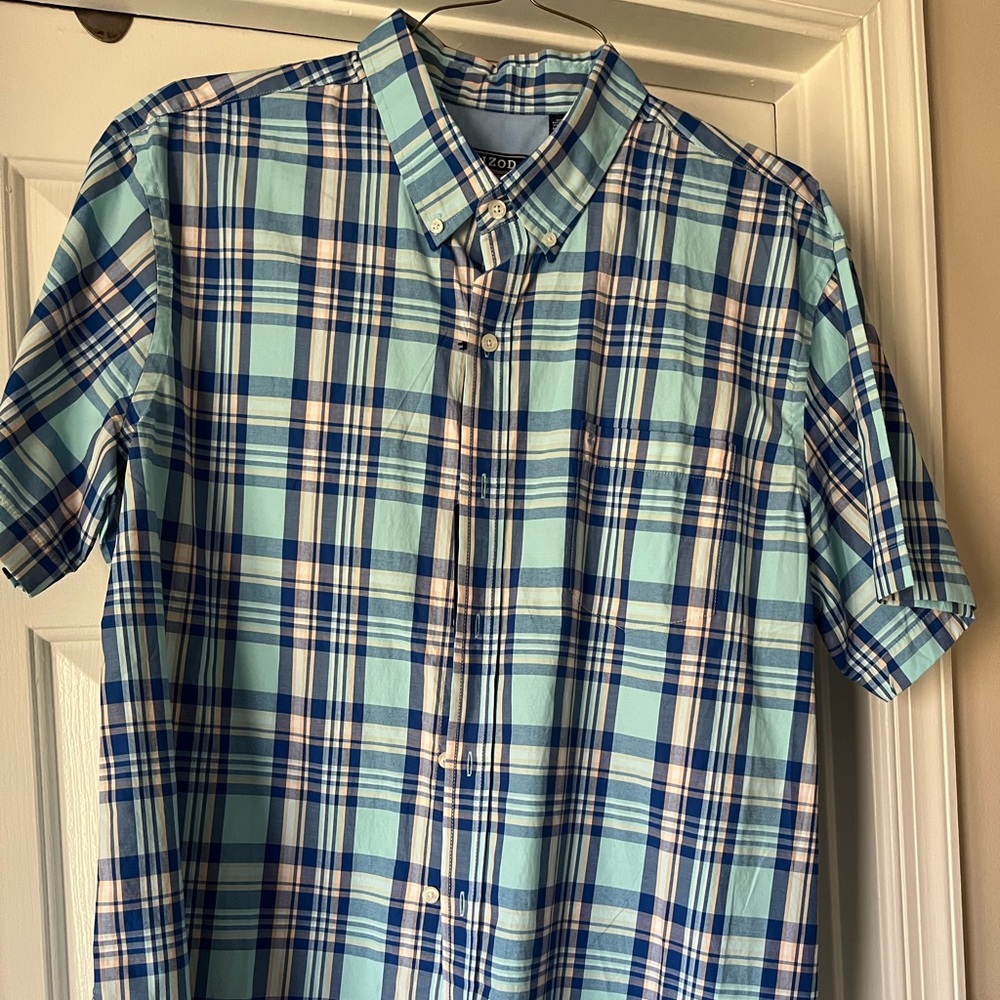 NWT Izod Short Sleeve Navy/Aqua/White/Peach Button Down Shirt Mens XL